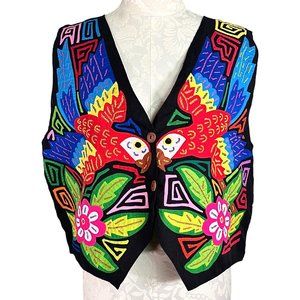 Vintage Indios Siamarmola Crewel Embroidered Parrot Vest Multi-Color